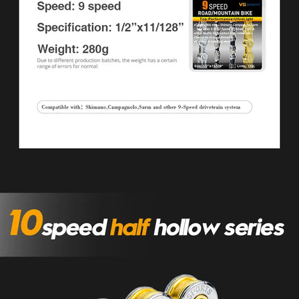 VG Sports 8-12 Speed Half-Hollow Bicycle Chain for MTB & Road Bike