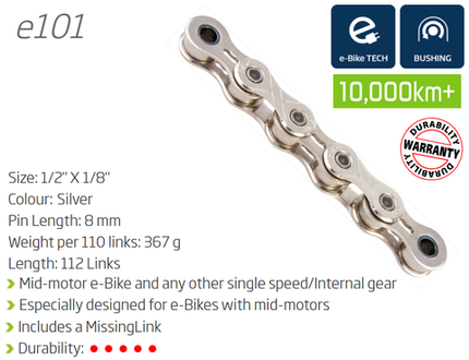 BICYCLE PARTS - CHAIN - SINGLE SPEED - KMC E101 - 112L - SILVER - W/CONNECT LINK - (EBIKE CHAIN, HIGHER PIN POWER FOR E - BIKE TORQUE)