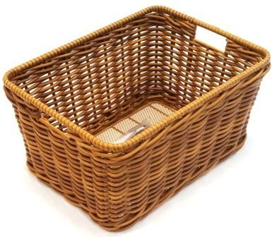 BICYCLE PARTS - SORRY TEMP O/S BASKET - REAR , FIXED, PE RATTAN WICKER, WITH FITTINGS, LIGHT BROWN, 43CM X 33CM X 22CM