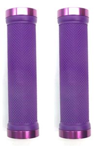 BICYCLE PARTS - GRIPS LOCK - ON, DUAL CLAMP, 130MM, WITH PLUG, PURPLE WITH PURPLE RINGS