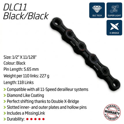 CHAIN - 11 Speed - KMC DLC11 - 118L - BLACK - DLC Diamond Hard - X-Superlight - w/Connect Link
