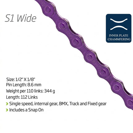CHAIN - Single Speed - KMC S1 - 112L - PURPLE - w/Connect Link