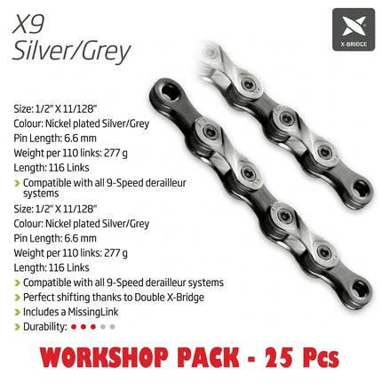 CHAIN WORKSHOP BOX - 9 Speed - KMC X9 - 116L - SILVER/GREY - w/Connect Link - Includes 25 Chains