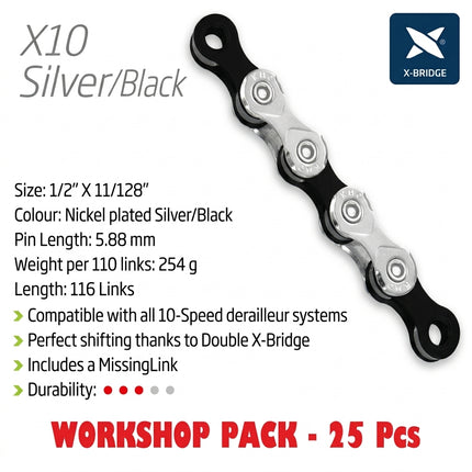 CHAIN WORKSHOP BOX - 10 Speed - KMC X10 - 116L - SILVER/BLACK - X-Series - w/Connect Link - Includes 25 Chains