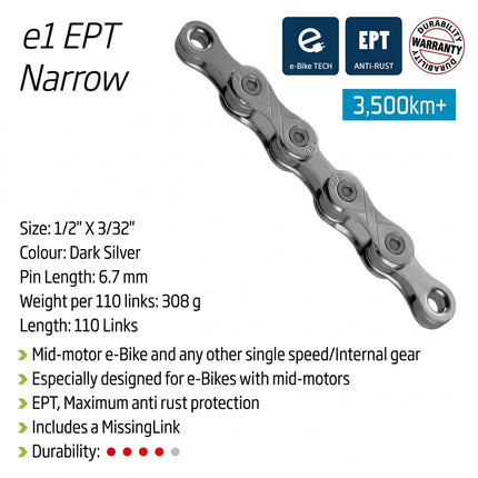 CHAIN - Single Speed - KMC E1 EPT - 110L - DARK SILVER - EcoPro TeQ Coating - w/Connect Link - (Ebike Chain, higher pin power for e-Bike torque)