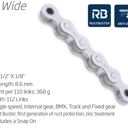 KMC Z1 Rust Buster Single-Speed Chain 112L 1/8 Inch with Connect Link - Grey