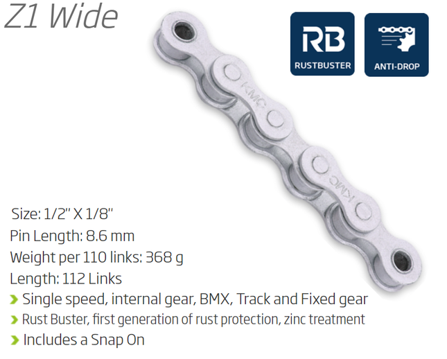 KMC Z1 Rust Buster Single-Speed Chain 112L 1/8 Inch with Connect Link - Grey