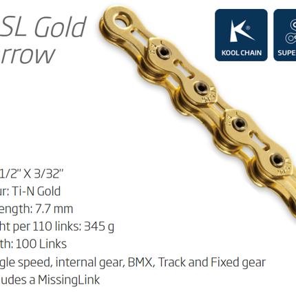 KMC K1SL Single-Speed Chain 112L with Connect Link Ti-N Gold