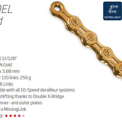 KMC X10EL 10-Speed Chain 116L X-Light Connect Link Ti-N Gold