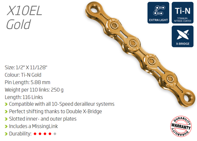 KMC X10EL 10-Speed Chain 116L X-Light Connect Link Ti-N Gold
