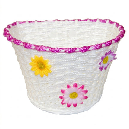 BASKET, Kids, White Woven with MAGENTA strip and small flowers, Plastic, 12-16" bikes