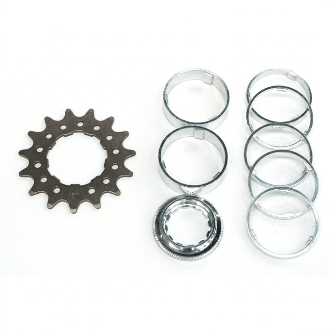 CONVERSION KIT - Single Speed, CR-MO Drive Ring, 12T Lock Ring & Alloy Spacers (7 Spacers + Lockring) 3/32