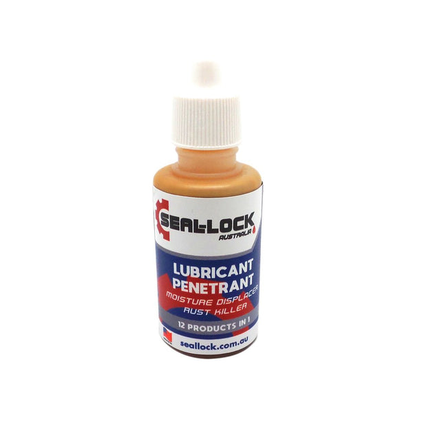 Seal-Lock Lubricant/Penetrant. 30ml bottle, Seal Lock penetrates solid rust, freeing up nuts and bolts, cables and chains. It creates a barrier, stopping rust and leaving a dry dust free surface