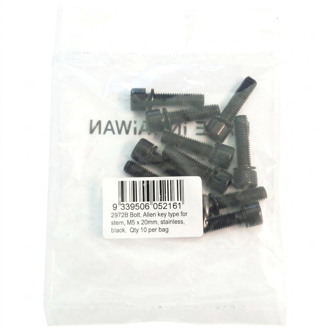 STEM BOLT M5, 20mm, Allen Key Type, BLACK Stainless Steel (Bag 10)