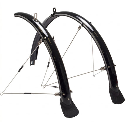 MUDGUARD SET 700c, Front (w/1 x stay) & Rear (w/2 x stays) metal fittings, BLACK (44mm Wide) (Mounting bolts NOT included)