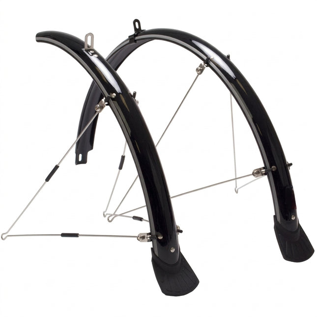 MUDGUARD SET 700c, Front (w/1 x stay) & Rear (w/2 x stays) metal fittings, BLACK (44mm Wide) (Mounting bolts NOT included)