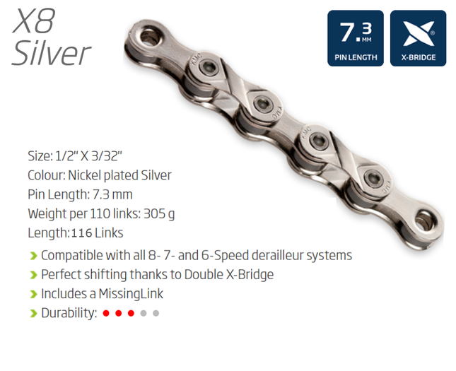 KMC X8 8-Speed Chain 116L with Connect Link Silver