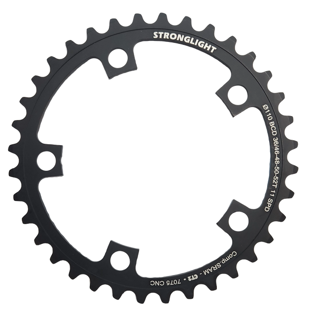 Stronglight Bicycle CHAINRING - ROAD "STRONGLIGHT", 36T, 7075 CNC Black CT2 - 110 BCD, 5 Hole for 11 Spd for SRAM (Not E-Tap)