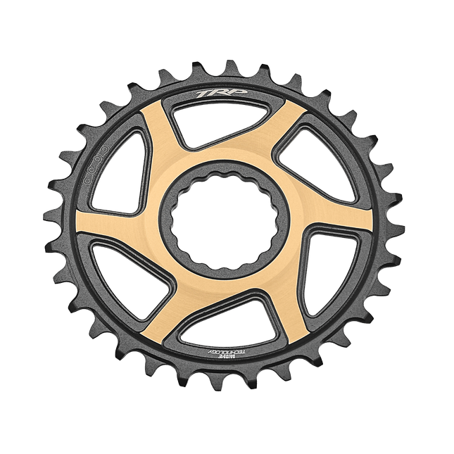TRP Bicycle TRP Chainring CR-M9050, 12 speed 32T Boost 3mm offset Chainring Cinch Interface, Duotone (Sandblasted Black / Gold)