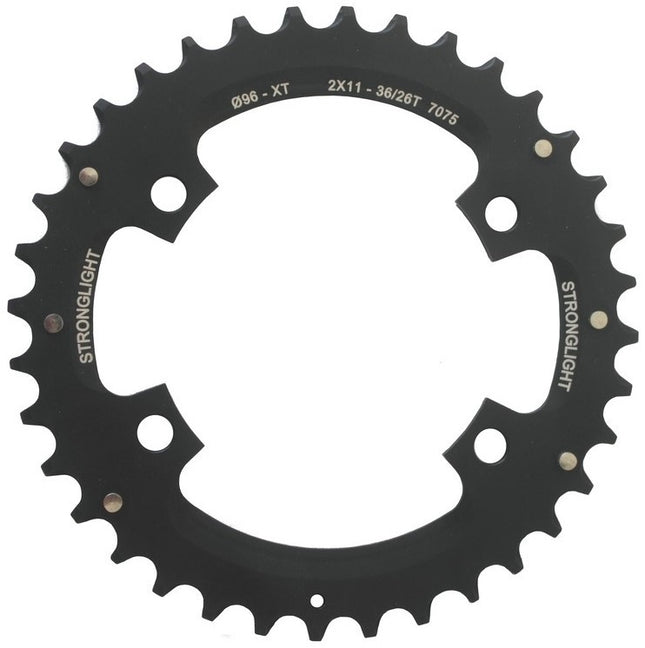 Stronglight Bicycle CHAINRING - MTB "STRONGLIGHT" 36T - SHIMANO - 2X11, 7075-T6 BLACK, 2x11 speed, 96 BCD, Outer not threaded, 36T, 4 arms, Quality Stronglight product 272301