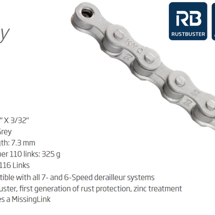 KMC Z7 6/7-Speed Chain 116L Rust Buster with Connect Link - Grey