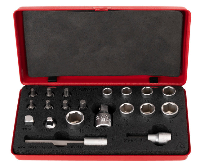 Unior Bicycle Unior Drivers and sockets Set, Torx bits sizes 25, 27 and 30, Hex bits sizes 3, 4, 5, 6, 8, 10, Socket sizes 8, 9, 10, 11, 12, 13, 14, 15, Adapters 1/4" - 3/8" and 3/8" - 1/4", 629380