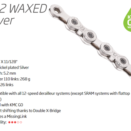 KMC X12L XL-Series 12-Speed Chain 126L with Connect Link - Silver
