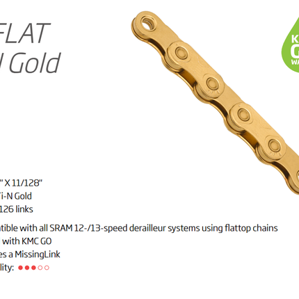 KMC X-FLATW 12/13-Speed Chain 126L with Connect Link, Waxed, Ti-N Gold