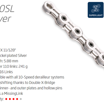 KMC X10SL X-Superlight 10-Speed Chain 116L with Connect Link - Silver