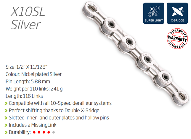 KMC X10SL X-Superlight 10-Speed Chain 116L with Connect Link - Silver