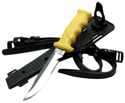 LAND & SEA Frog Diving Knife 15cm Yellow Rubber Grip Stainless Steel Blade Serrated Edge with Sheath & Straps for Spearfishing Scuba Diving Snorkeling