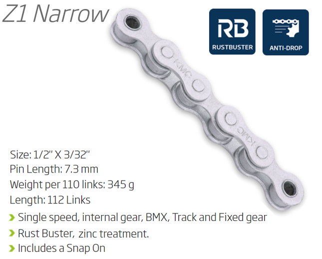 KMC Z1 Single-Speed Chain 112L 3/32 Inch Rust Buster with Connect Link - Grey