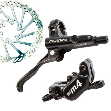 Clarks Bicycle Disc Brake Set, CLARKS, Hydraulic, 4 PISTON, FRONT & REAR, Post & IS mount, 160mm & 180mm rotors, M4 (F850 R1700 hose length)