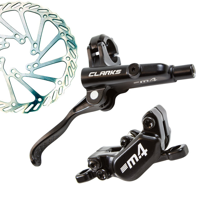Clarks Bicycle Disc Brake Set, CLARKS, Hydraulic, 4 PISTON, FRONT & REAR, Post & IS mount, 160mm & 180mm rotors, M4 (F850 R1700 hose length)