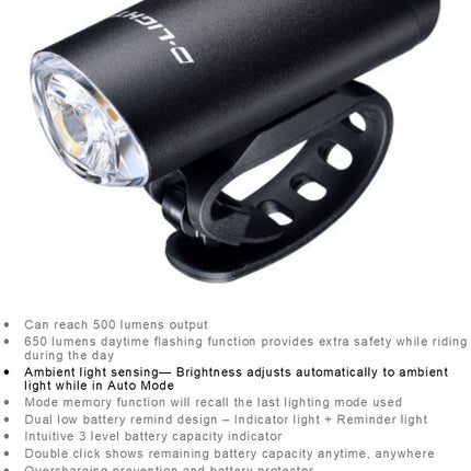 D-Light 6-Function Bicycle Front Light - 500 Lumen / 650 Lumen Daytime Flash