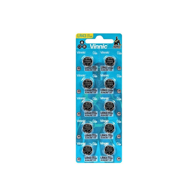 Vinnic LR43/L1142F 1.5V Alkaline Button Cell Batteries - 10 Pack