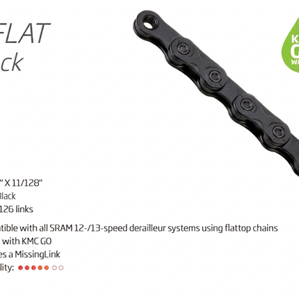 KMC X FlatW 12/13-Speed Chain 126L 1/2 x 11/128 Inch for SRAM Flat Top - Black/Black