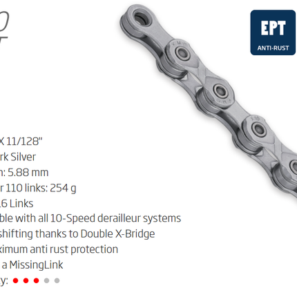 KMC X10 EPT X-Series 10-Speed Chain 116L with Connect Link - Dark Silver