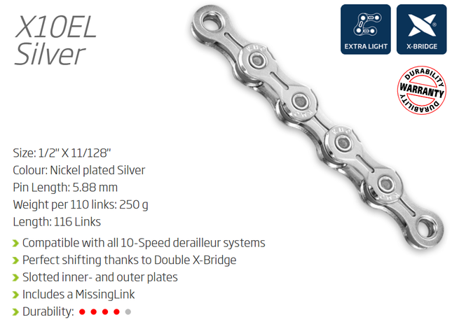 KMC X10EL X-Light 10-Speed Chain 116L with Connect Link - Silver