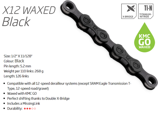 KMC X12 GO Wax X-Series 12-Speed Chain 126L with Connect Link - Black