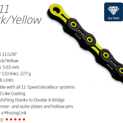 KMC DLC11 11-Speed Chain 116L with Connect Link Yellow/Black