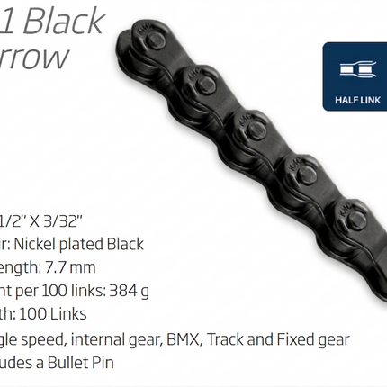 KMC HL1 Narrow Single-Speed Half Link Chain 100L 3/32 Inch with Connect Pin - Black