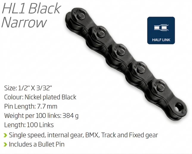 KMC HL1 Narrow Single-Speed Half Link Chain 100L 3/32 Inch with Connect Pin - Black