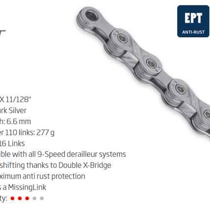 KMC X9 EPT 9-Speed Chain 116L with Connect Link - Dark Silver