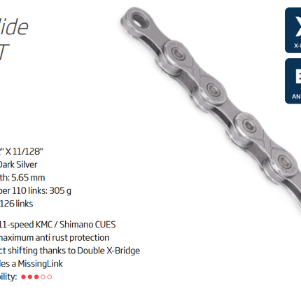 KMC xGLIDE X-Series CUES 9/10/11-Speed Chain 126L with Connect Link - Silver