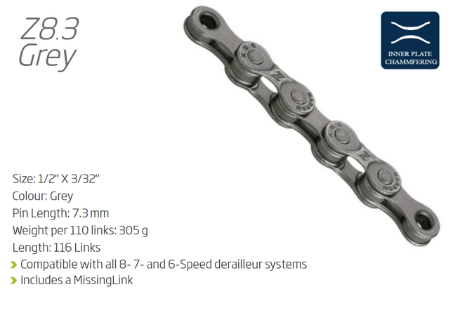 KMC Z8.3 6-8-Speed Chain 116L with Connect Link - Grey
