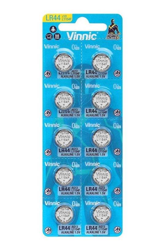 Vinnic LR44/L1154F 1.5V Alkaline Button Cell Batteries - 10 Pack