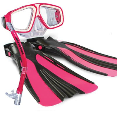 PLATYPUS Pink Snorkel Set, Scuba Diving Mask and Fins, Watersports Gear, Full Face Snorkel, Beginner Snorkel Kit, Swimming Equipment