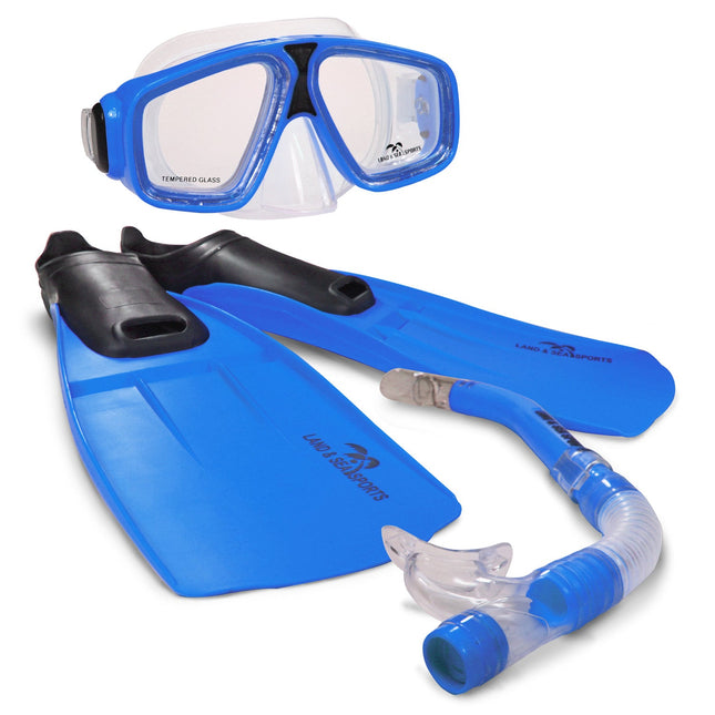LAND & SEA SPORTS Blue Snorkel Set - XXS Mask, Snorkel, and Fins for Adult Watersports & Diving Adventures