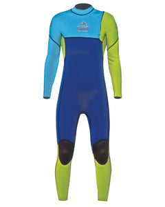 Fuzion Nozip 2mm Steamer Junior 8 Blue Lime Wetsuit product image showing wetsuit view 1